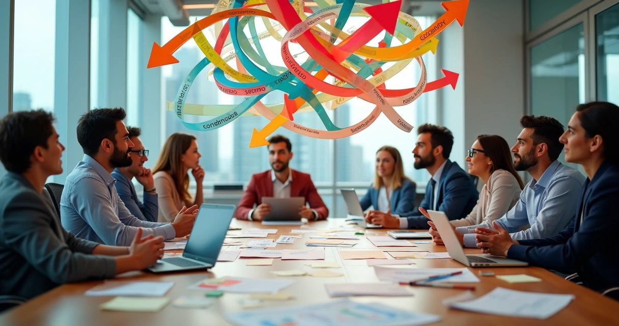 Equipe de escritório cercada por emaranhado de setas coloridas confusas
