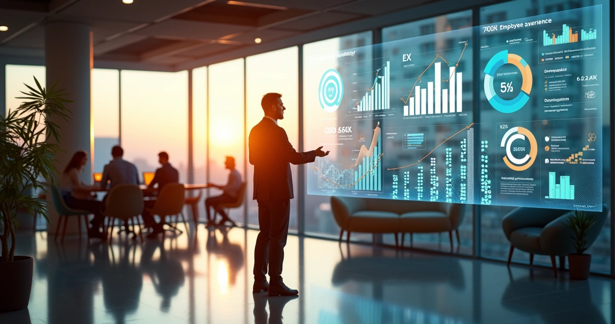 Líder observa painel digital com indicadores de experiência do colaborador