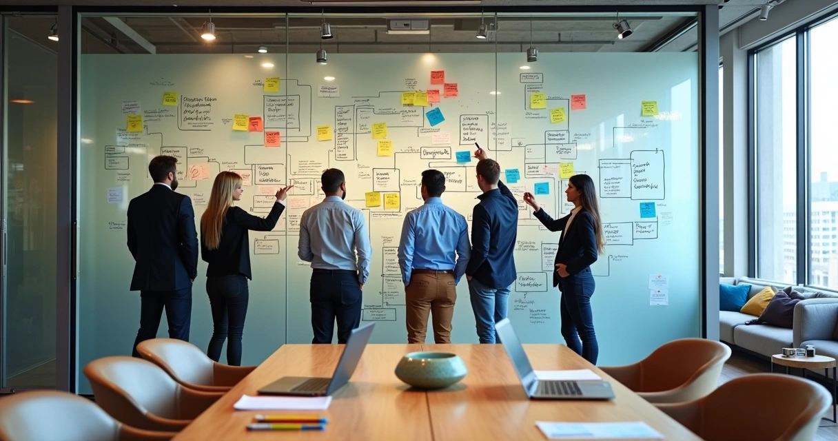 Mural com fluxos de trabalho de diferentes áreas se conectando no escritório
