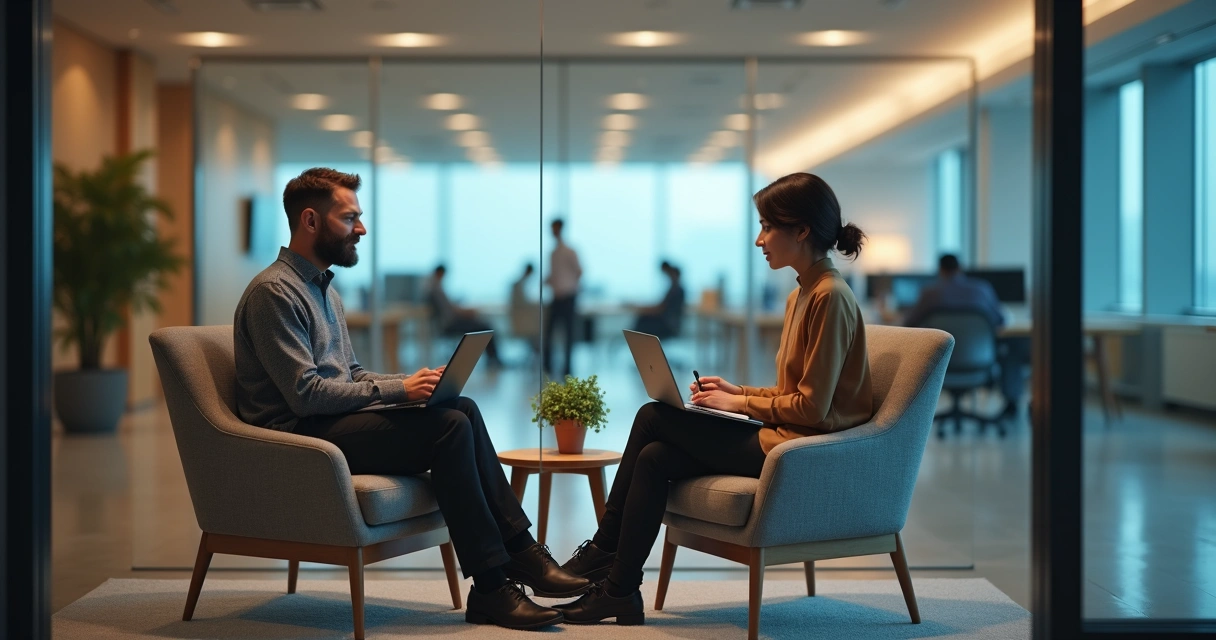 Líder e colaborador em conversa one-on-one em sala envidraçada ao fundo do escritório