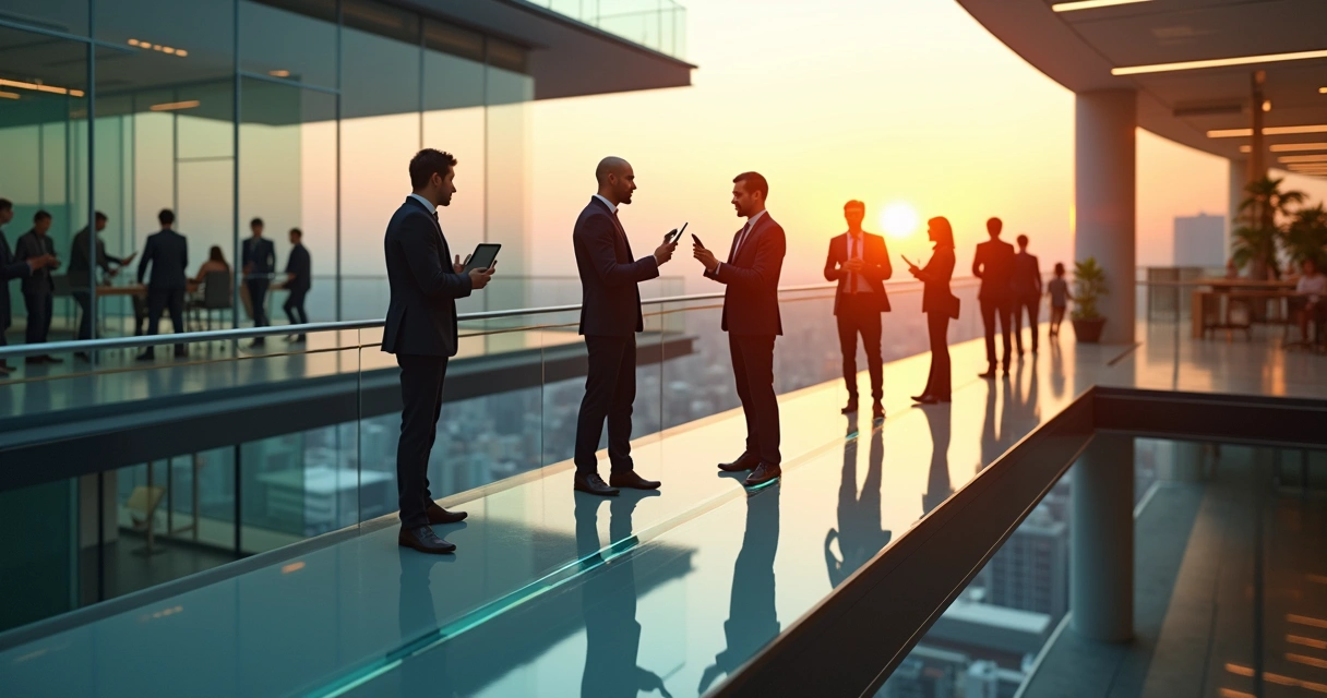 Gestores intermediários formando ponte entre equipe e diretoria em escritório moderno