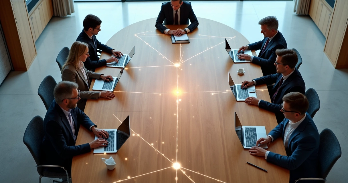 Mesa de reunião vista de cima com líderes conectados por linhas formando rede de decisão