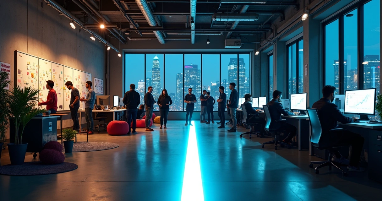 Sala de startup com dois grupos de equipe separados por faixa iluminada no chão