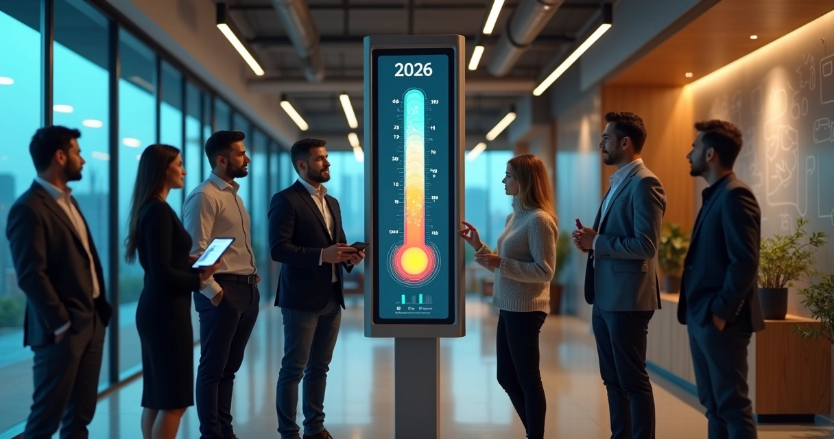 Painel digital em forma de termômetro medindo cultura da equipe em escritório moderno