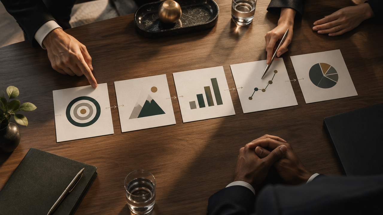 Mesa de liderança com objetivos e resultados organizados em sequência, simbolizando o alinhamento entre estratégia e execução.
